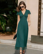 Emerald V-Neck Lace Maxi Dress