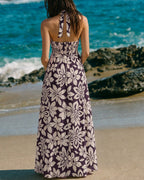 Floral Maxi Dress with Shirred Halter Neck in Coffee
