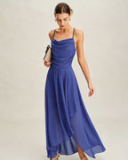 Chiffon Maxi Dress with Blue Square Neck Design