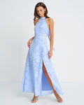 Blue Jacquard Maxi Dress with Mock Neck