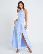 Blue Jacquard Maxi Dress with Mock Neck