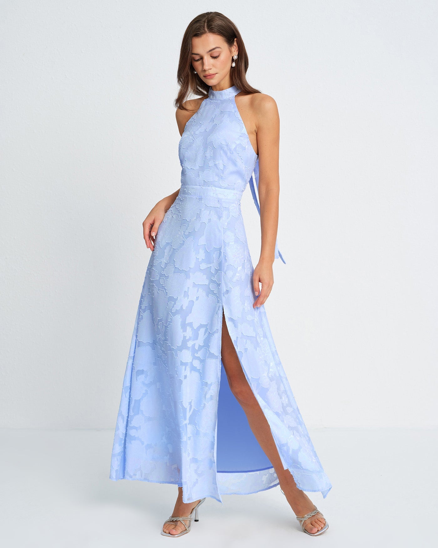 Blue Jacquard Maxi Dress with Mock Neck
