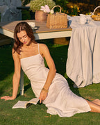 White Jacquard Square Neck Long Dress