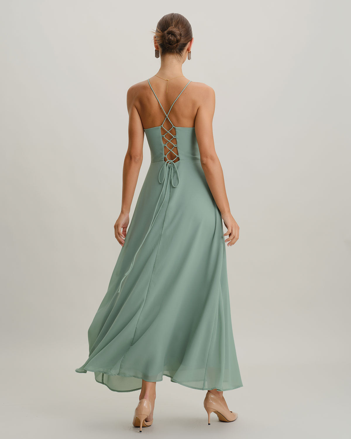 Backless Green A-Line Maxi Slip Dress