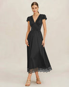 Maxi Dress with Black V-Neck and Lace Puffed Sleeves