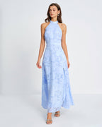 Blue Jacquard Maxi Dress with Mock Neck