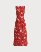 Floral Slit Maxi Dress with Red Boat Neck