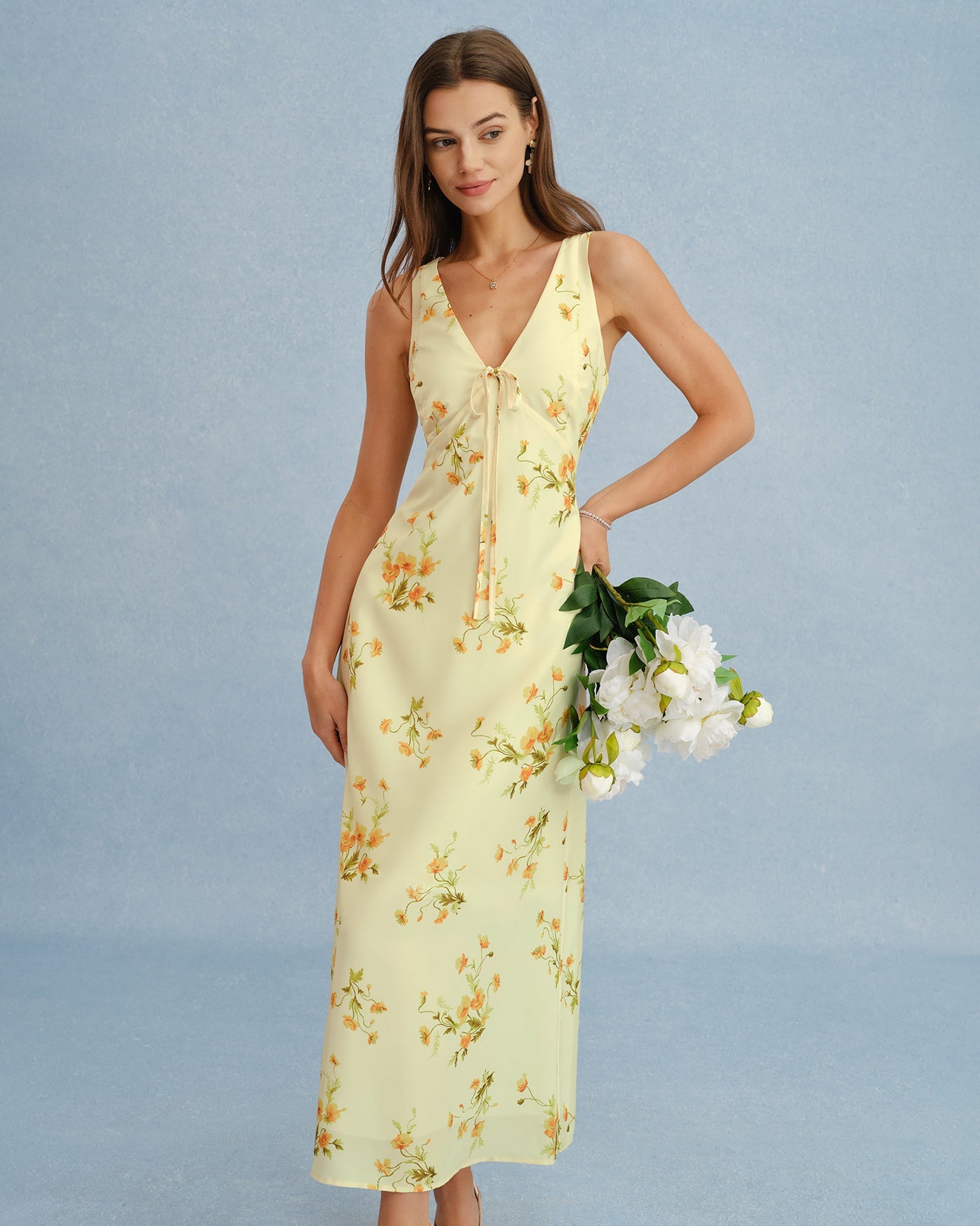 Floral Chiffon Maxi Dress in Yellow with V-Neck Design