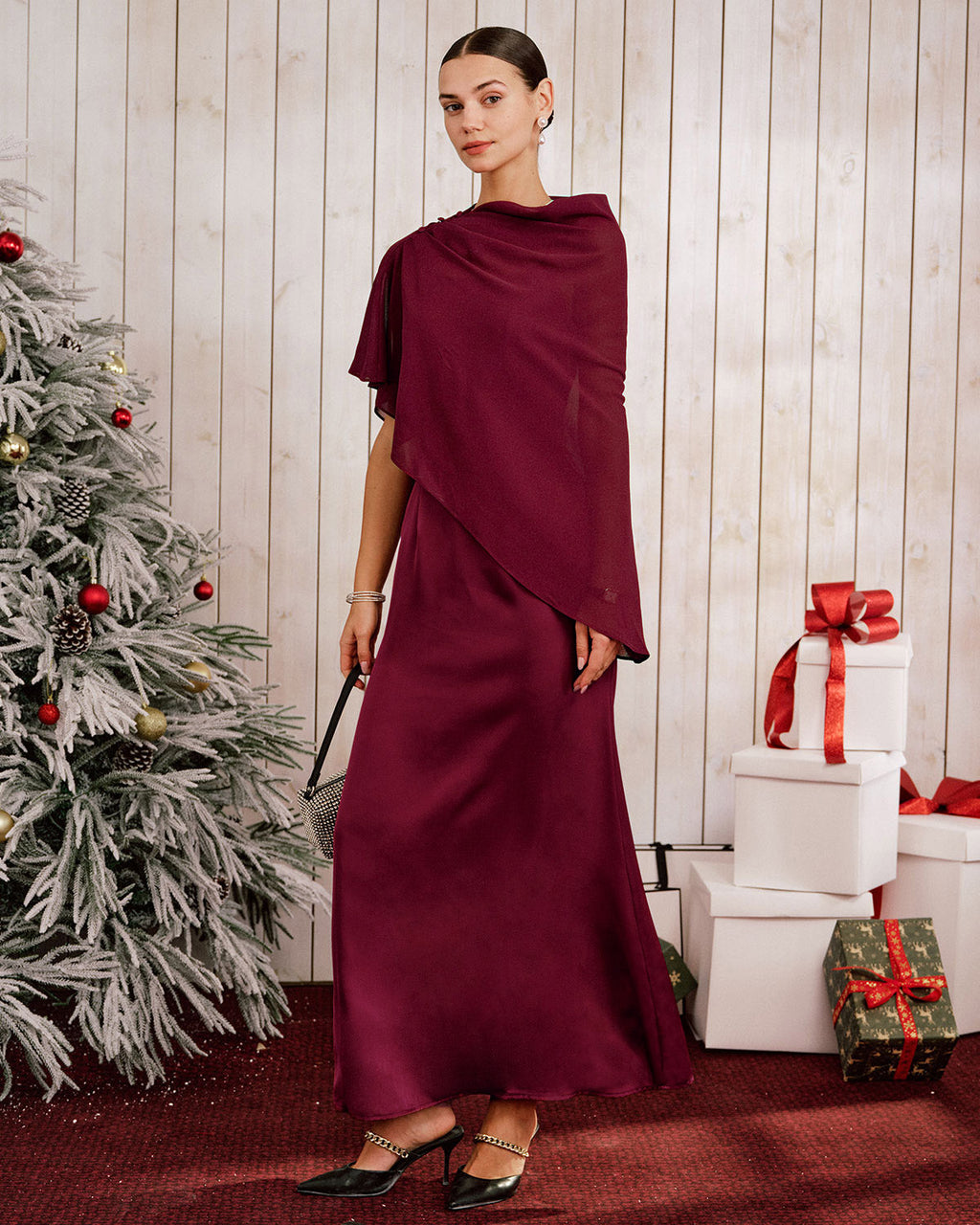 Maxi Dress in Wine Red with Shawl