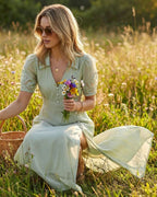 Maxi Dress with V Neck and Button Detail in Green