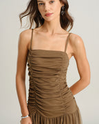 Brown Ruched Mesh Maxi Dress with Slip Design