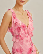 Chiffon Maxi Dress with Pink Floral Ruffles