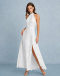 White Maxi Dress with Backless Design and Bowknot Detail