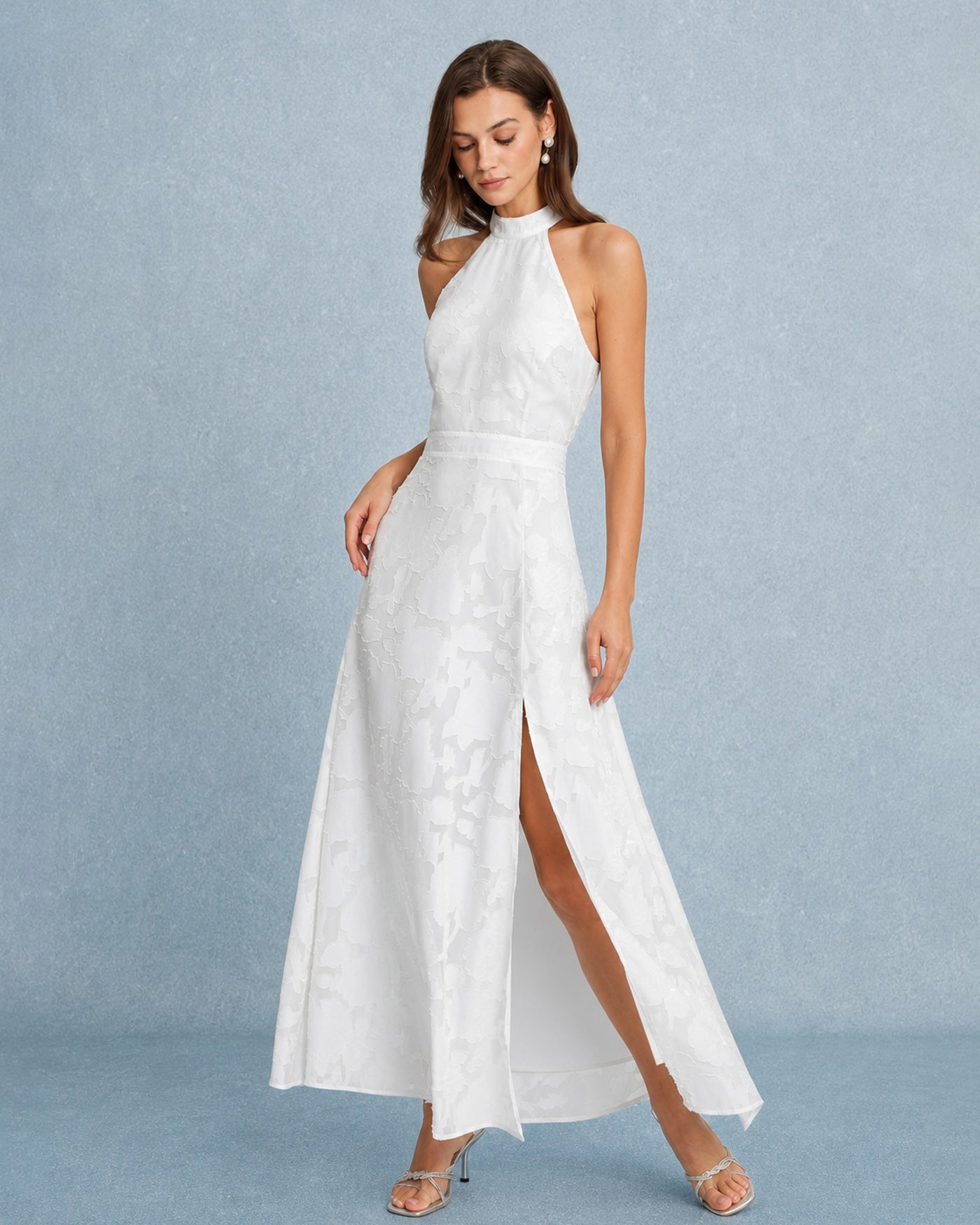 White Maxi Dress with Backless Design and Bowknot Detail