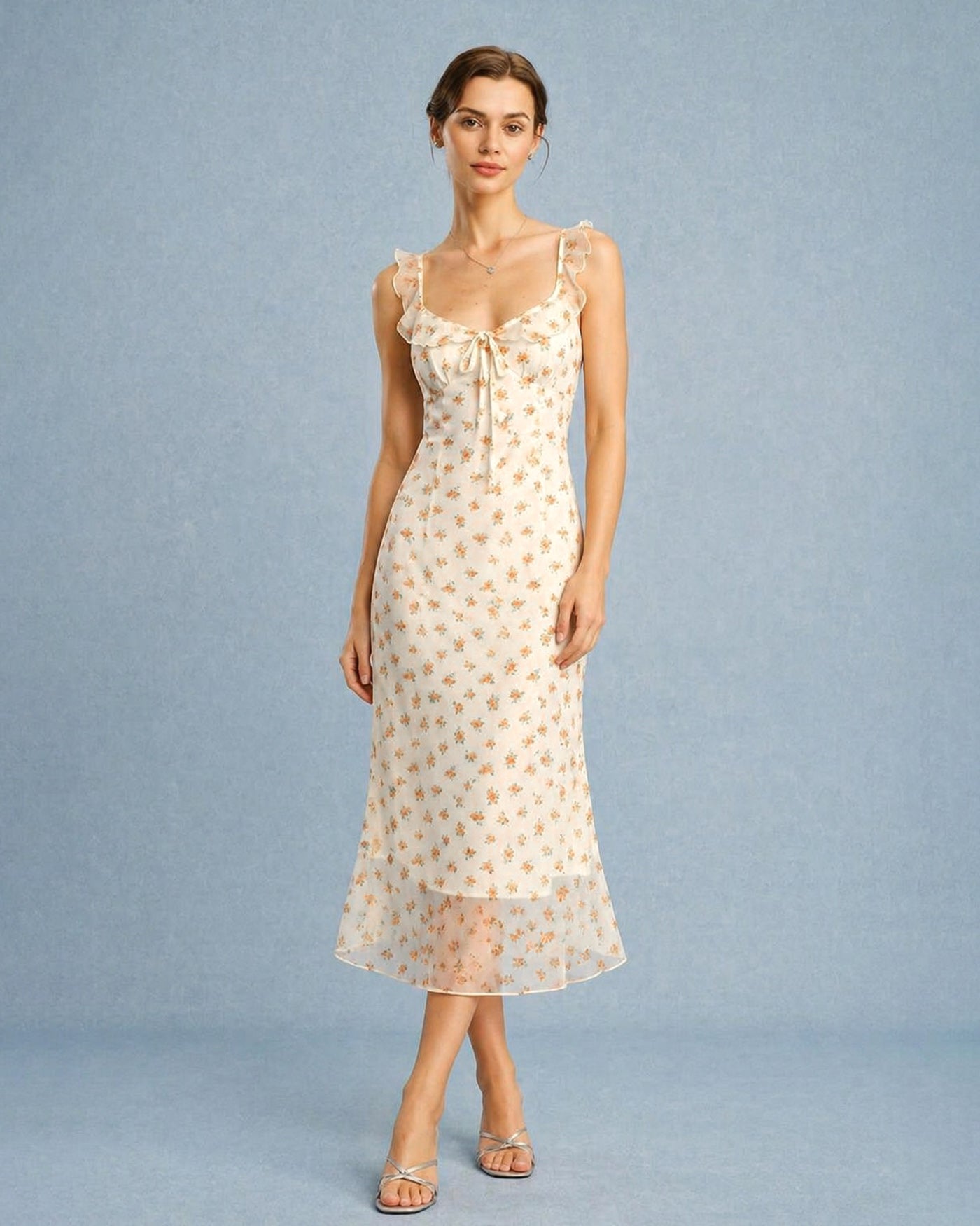 Maxi Dress with Apricot Floral Ruffles
