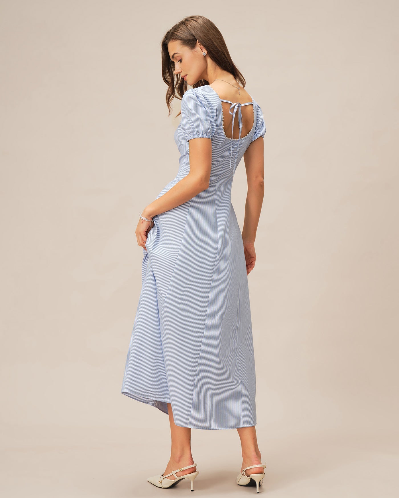 Striped Maxi Dress with Blue V-Neck and Puffed Sleeves