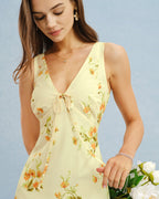 Floral Chiffon Maxi Dress in Yellow with V-Neck Design