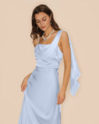 Flowy Satin Maxi Dress in Blue with Square Neckline