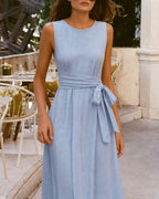 Blue Sleeveless Maxi Dress with Round Neck Tunic Style