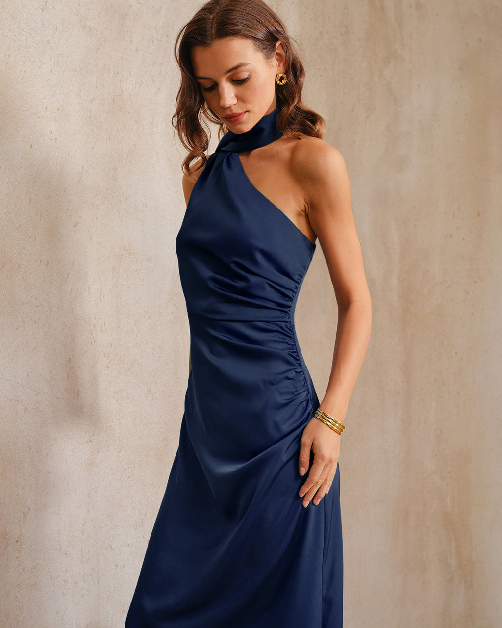 Navy A-Line Maxi Dress with One Shoulder Design