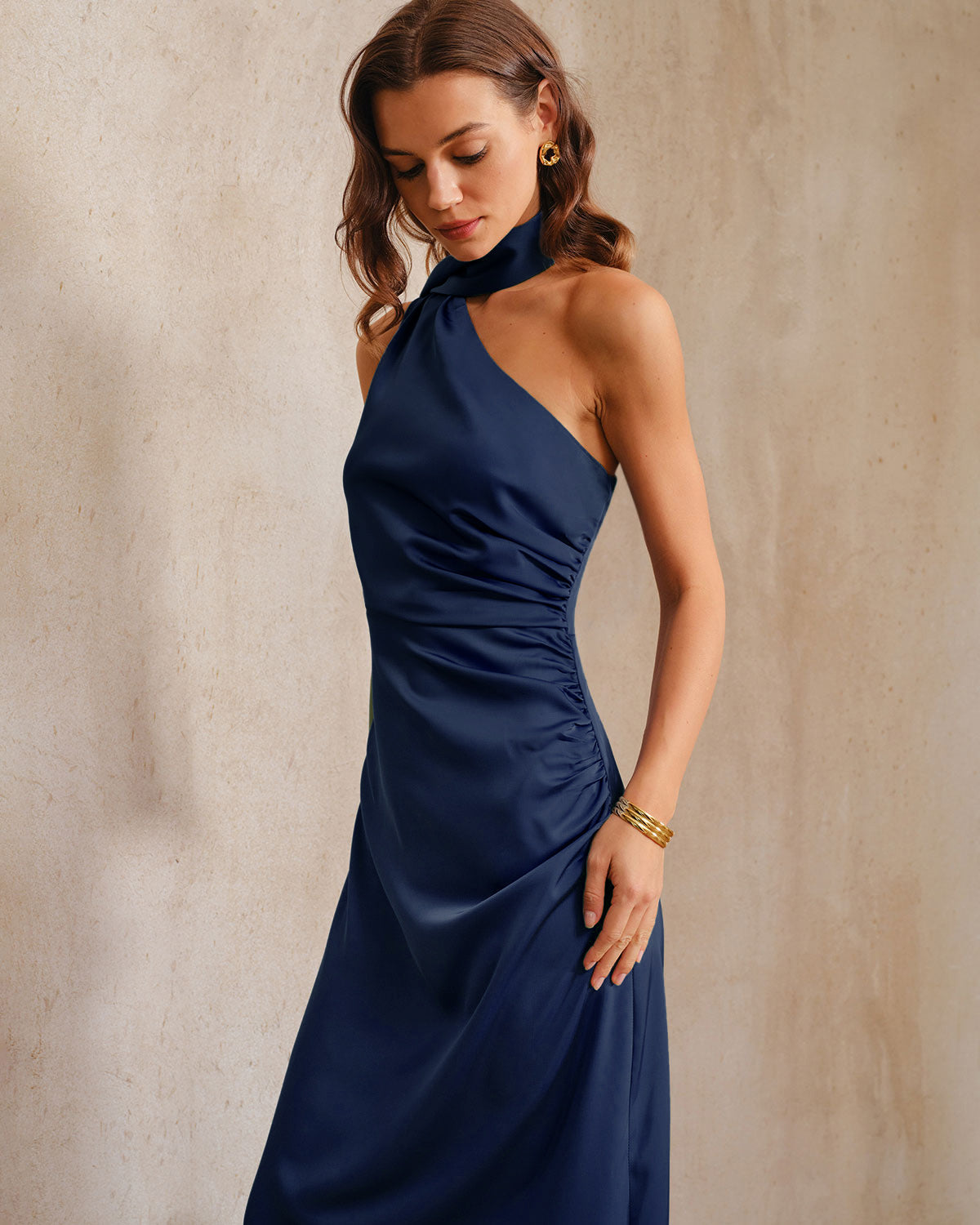 Navy A-Line Maxi Dress with One Shoulder Design