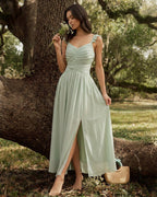 Maxi Dress with Ruffled V-Neck and Tie Detail in Green