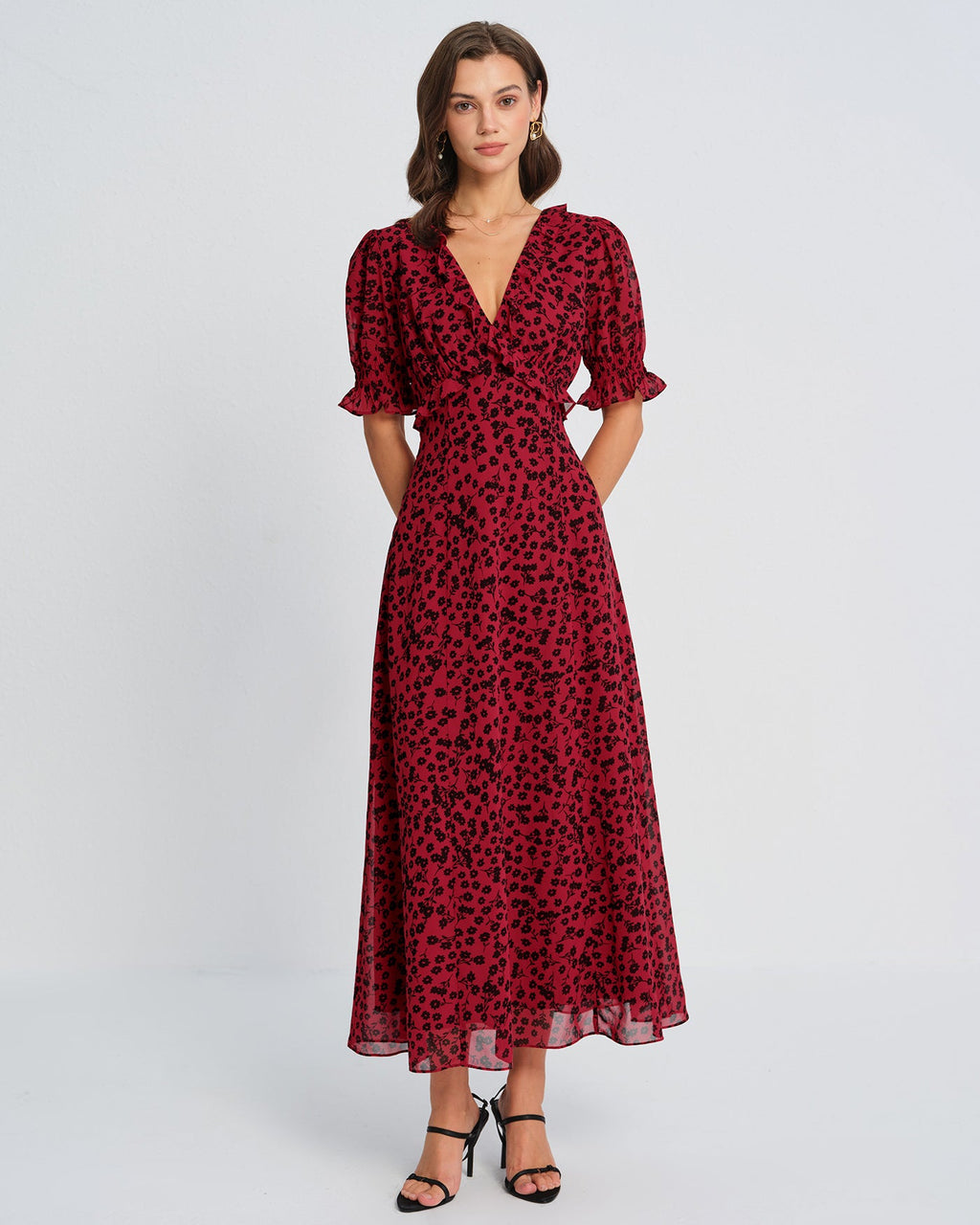 Floral Maxi Dress with V-Neck in Red