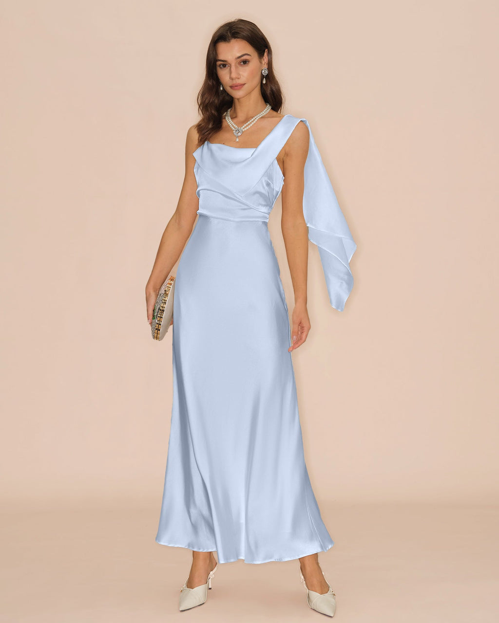 Flowy Satin Maxi Dress in Blue with Square Neckline