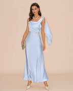 Flowy Satin Maxi Dress in Blue with Square Neckline