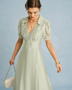 Maxi Dress with V Neck and Button Detail in Green