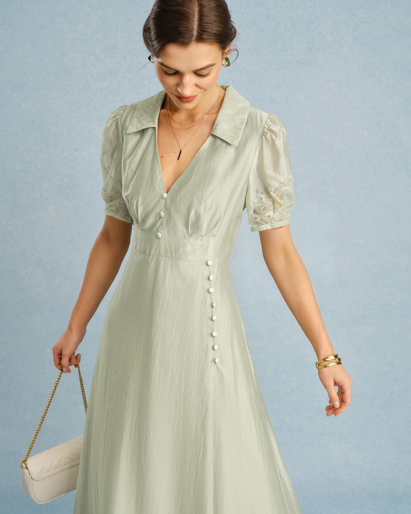 Maxi Dress with V Neck and Button Detail in Green