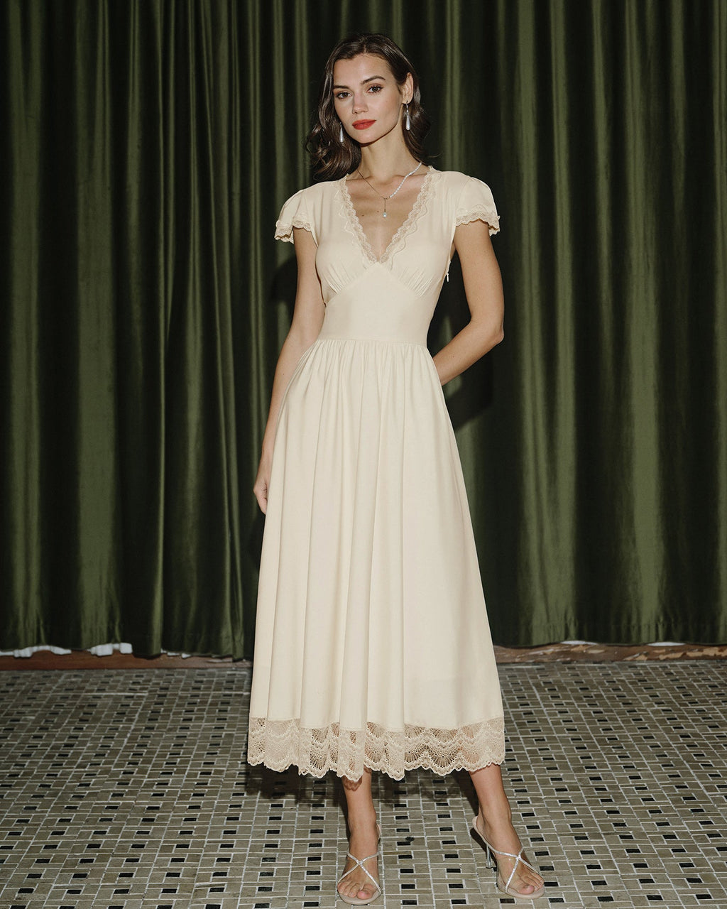 Apricot Lace Maxi Dress with V-Neck