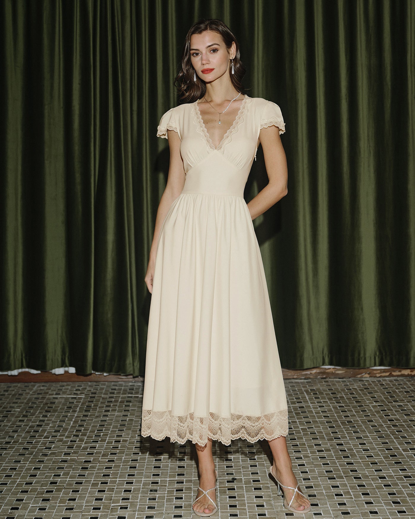 Apricot Lace Maxi Dress with V-Neck
