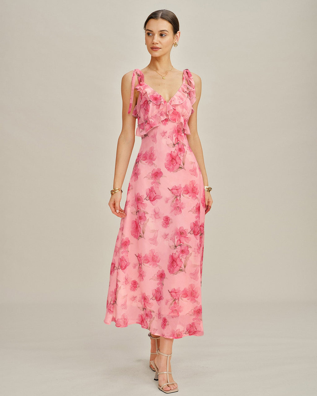 Chiffon Maxi Dress with Pink Floral Ruffles