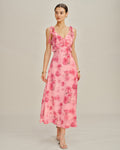 Chiffon Maxi Dress with Pink Floral Ruffles