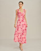 Chiffon Maxi Dress with Pink Floral Ruffles