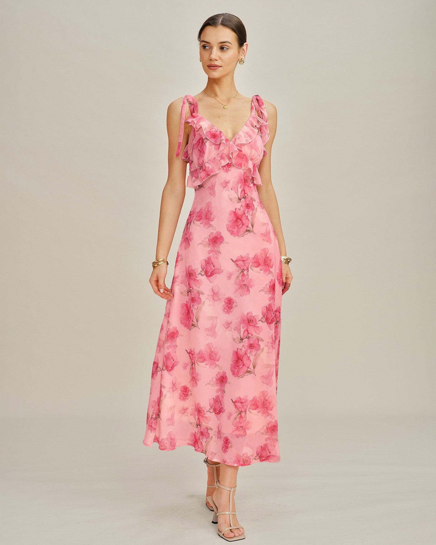 Chiffon Maxi Dress with Pink Floral Ruffles