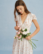 Floral Lace Maxi Dress in Off-White with V-Neck Design