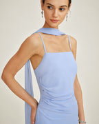 Chiffon Maxi Dress with Blue Cowl Neck and Straps