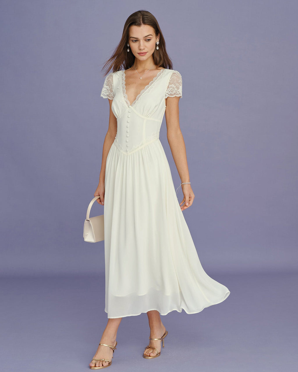 Maxi Dress with Apricot V-Neck and Lace Accents