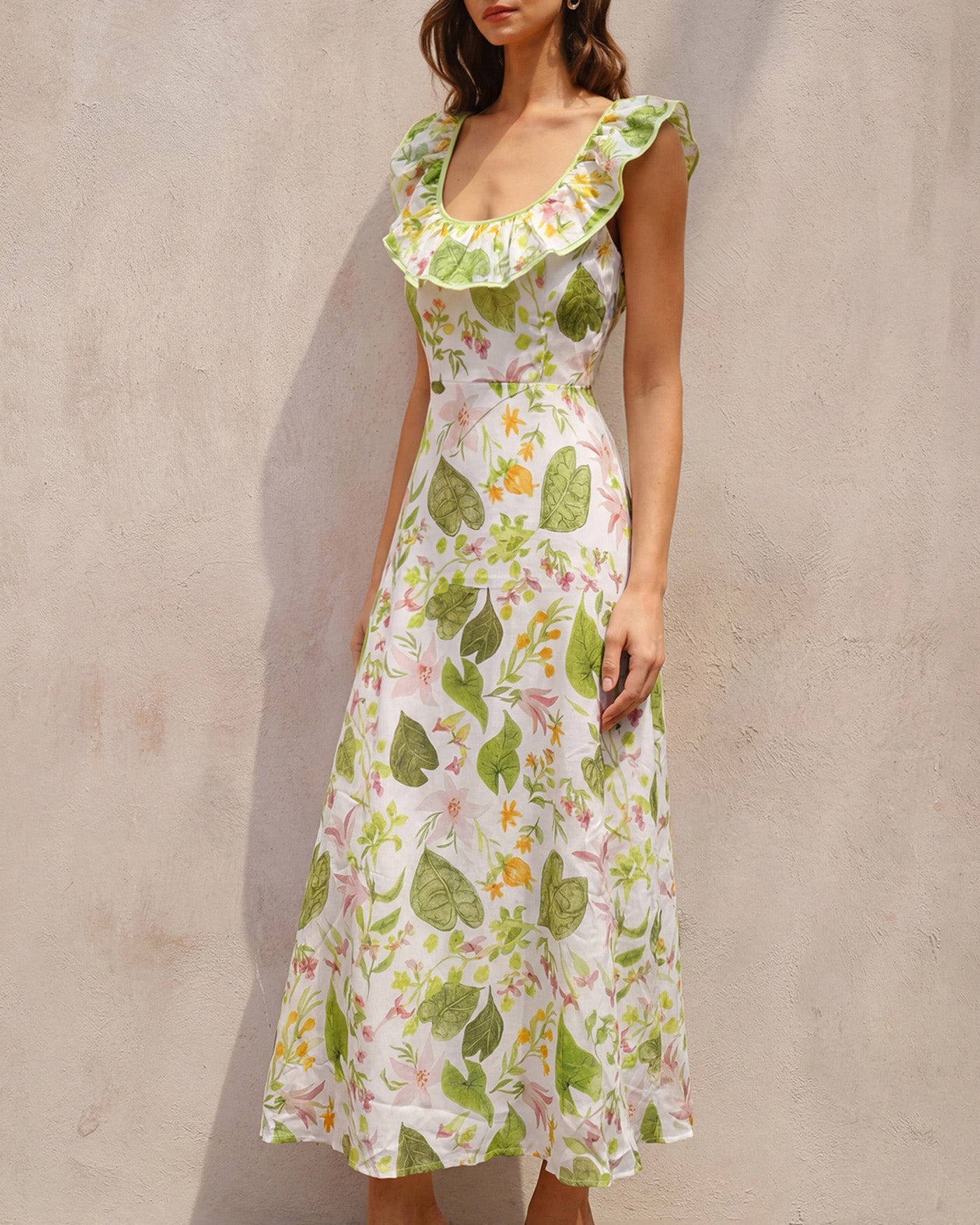 Maxi Dress with U Neckline in Green Plant Print