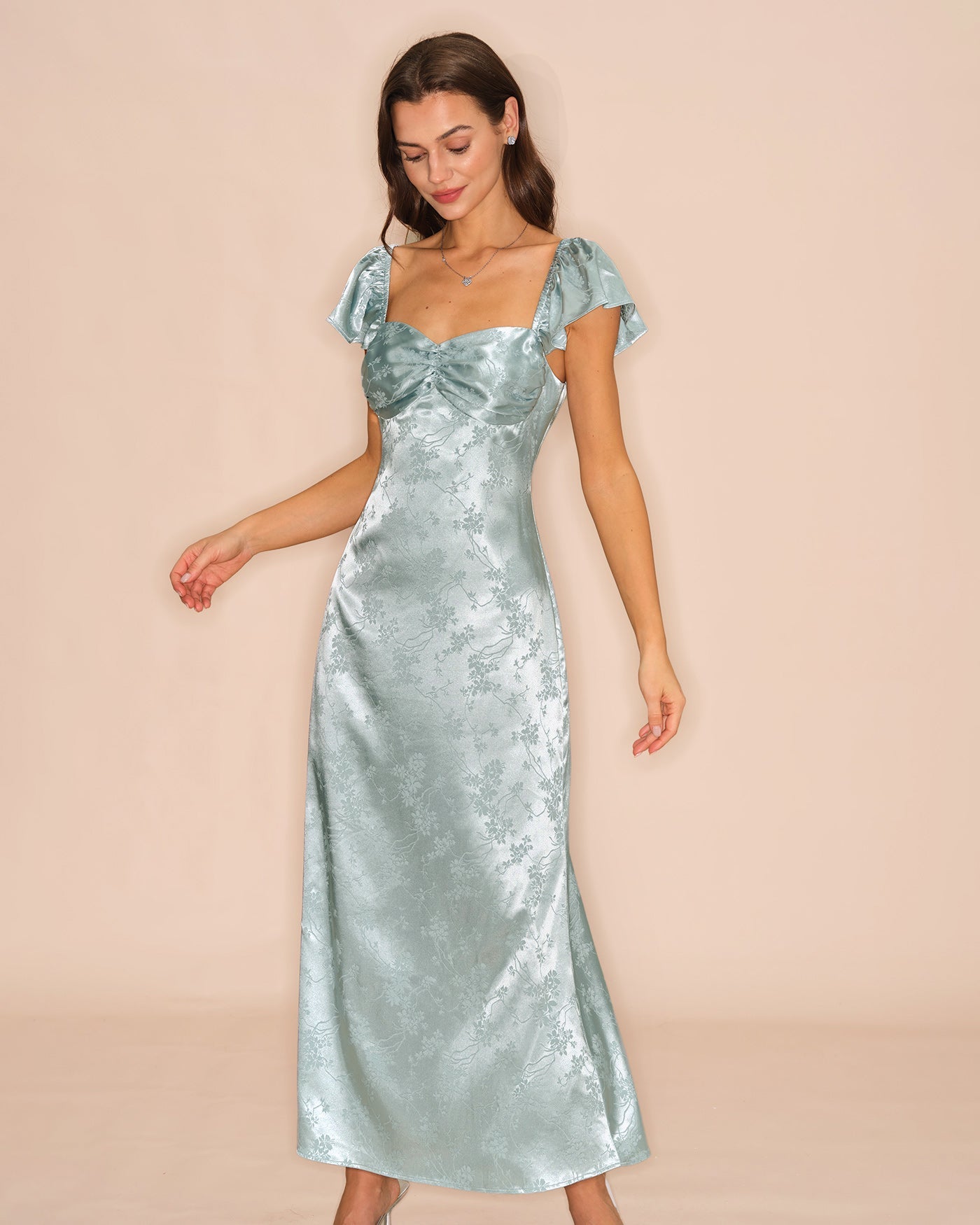 Floral Maxi Dress with Sweetheart Neckline in Green