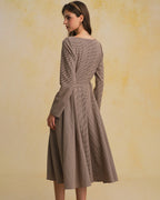 Brown Gingham Maxi Dress with Square Neck and Belt