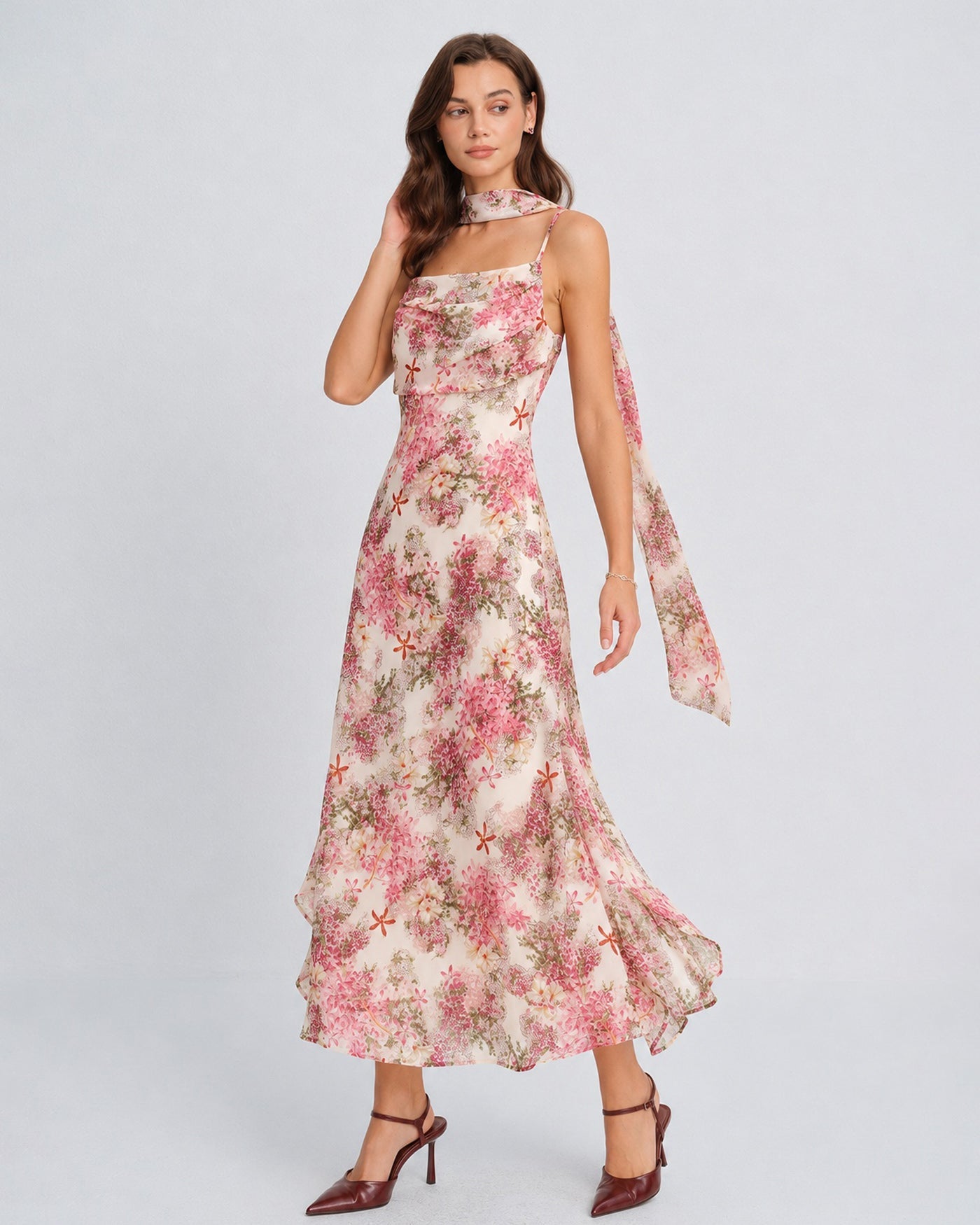 Floral Pink Chiffon Maxi Dress with Slip Design