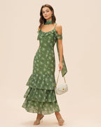 Floral Maxi Dress with Ruffled V-Neck in Green