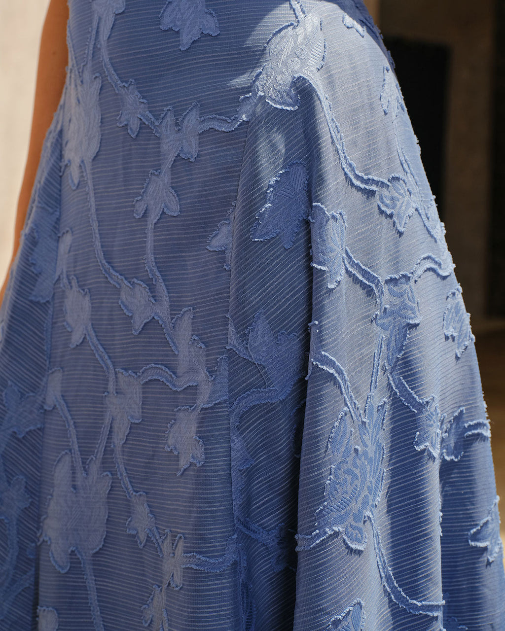 Ruched Maxi Dress in Blue Jacquard