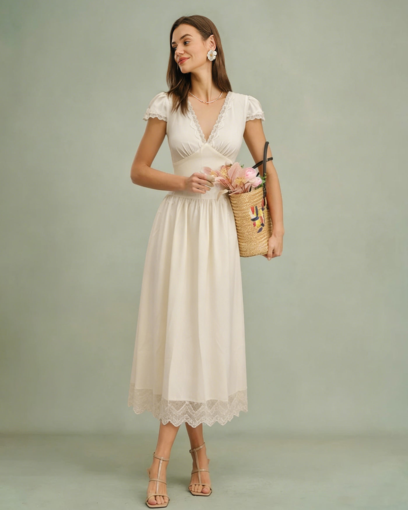 Apricot Lace Maxi Dress with V-Neck