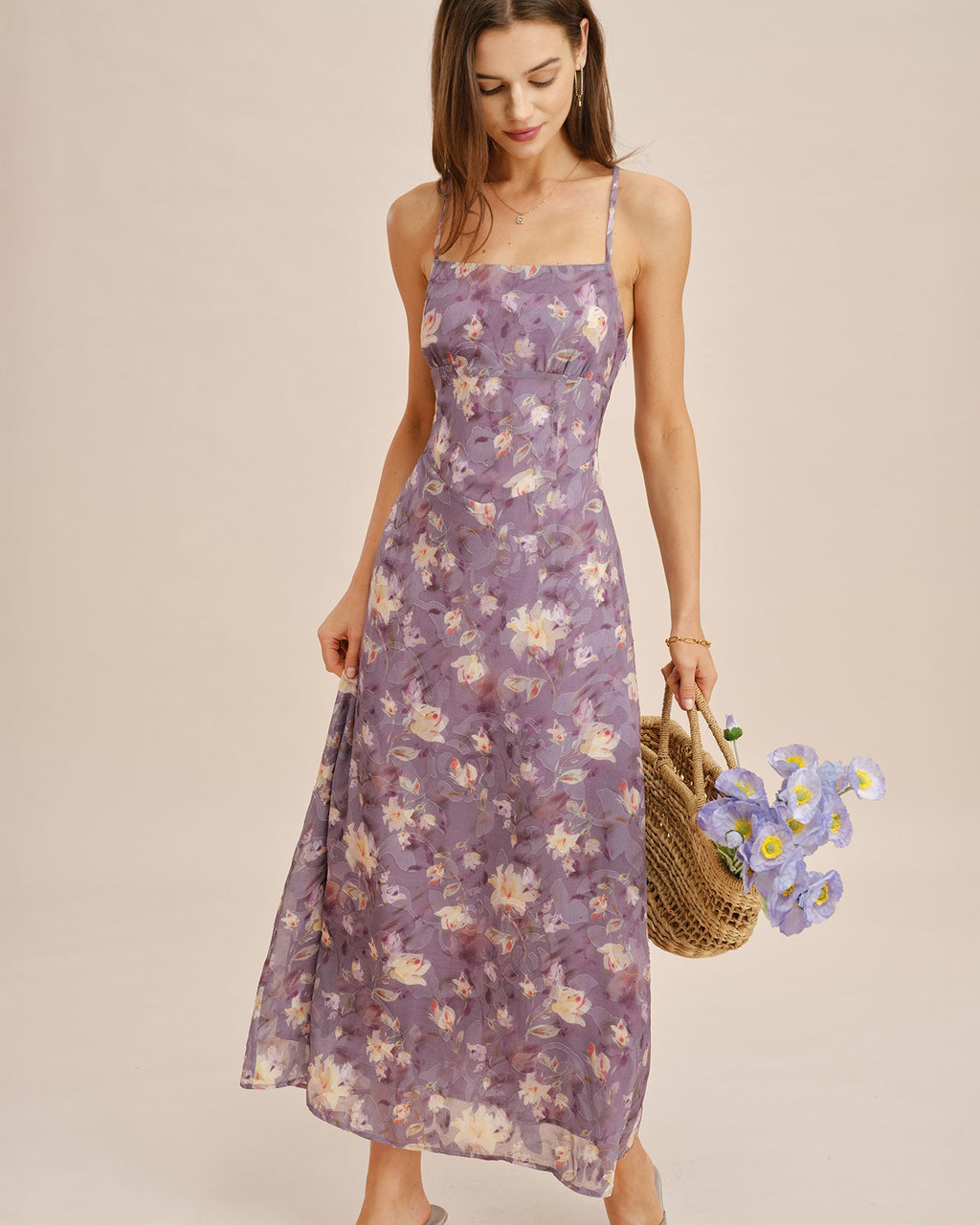 Jacquard Slip Maxi Dress in Purple X Cross Design