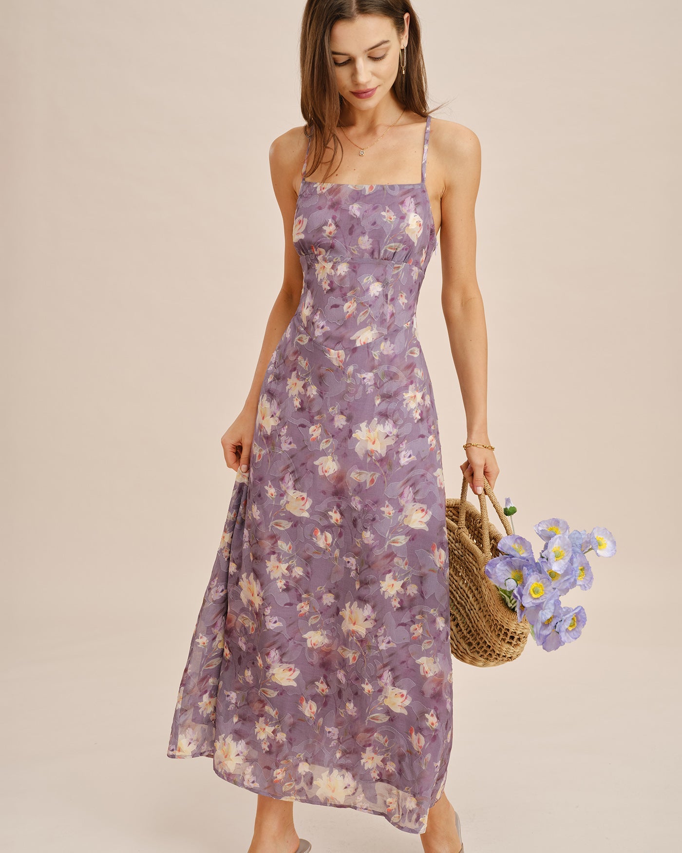 Jacquard Slip Maxi Dress in Purple X Cross Design