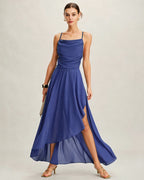 Chiffon Maxi Dress with Blue Square Neck Design